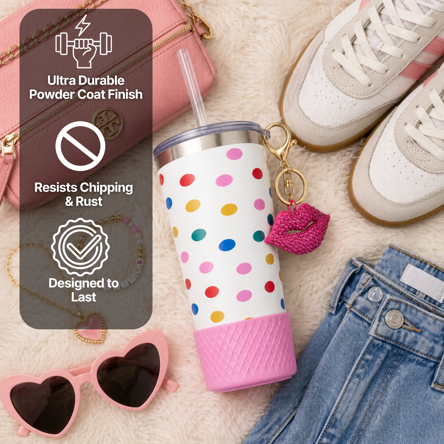 Biddlebee 20oz Colorful polka dot charm tumbler with pink silicone boot, surrounded by fashionable coordinating accessories
