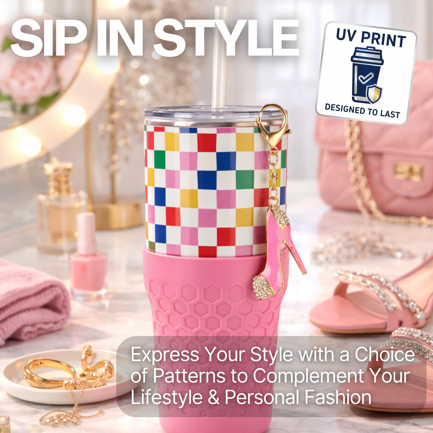 Biddlebee 30oz Colorful Check Straw Tumbler – Pink Silicone Boot & Sparkly High Heel Charm | Cup Holder Friendly