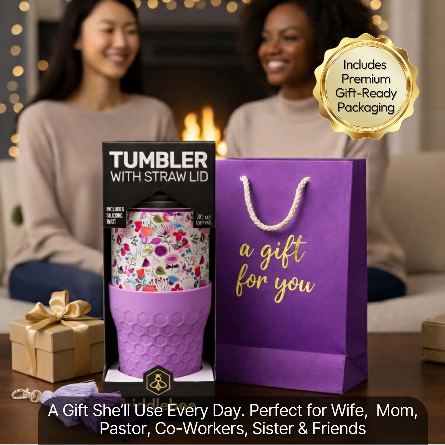 Biddlebee 30oz Floral Garden Straw Tumbler – Purple Boot & Puff Tassel Charm | Cup Holder Friendly