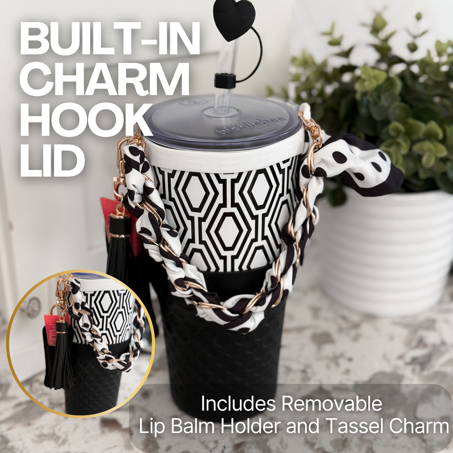 Biddlebee 30oz Black & White Geometric Straw Tumbler – Cup Holder Friendly Luxe Set w/ Chain Handle & Accessories