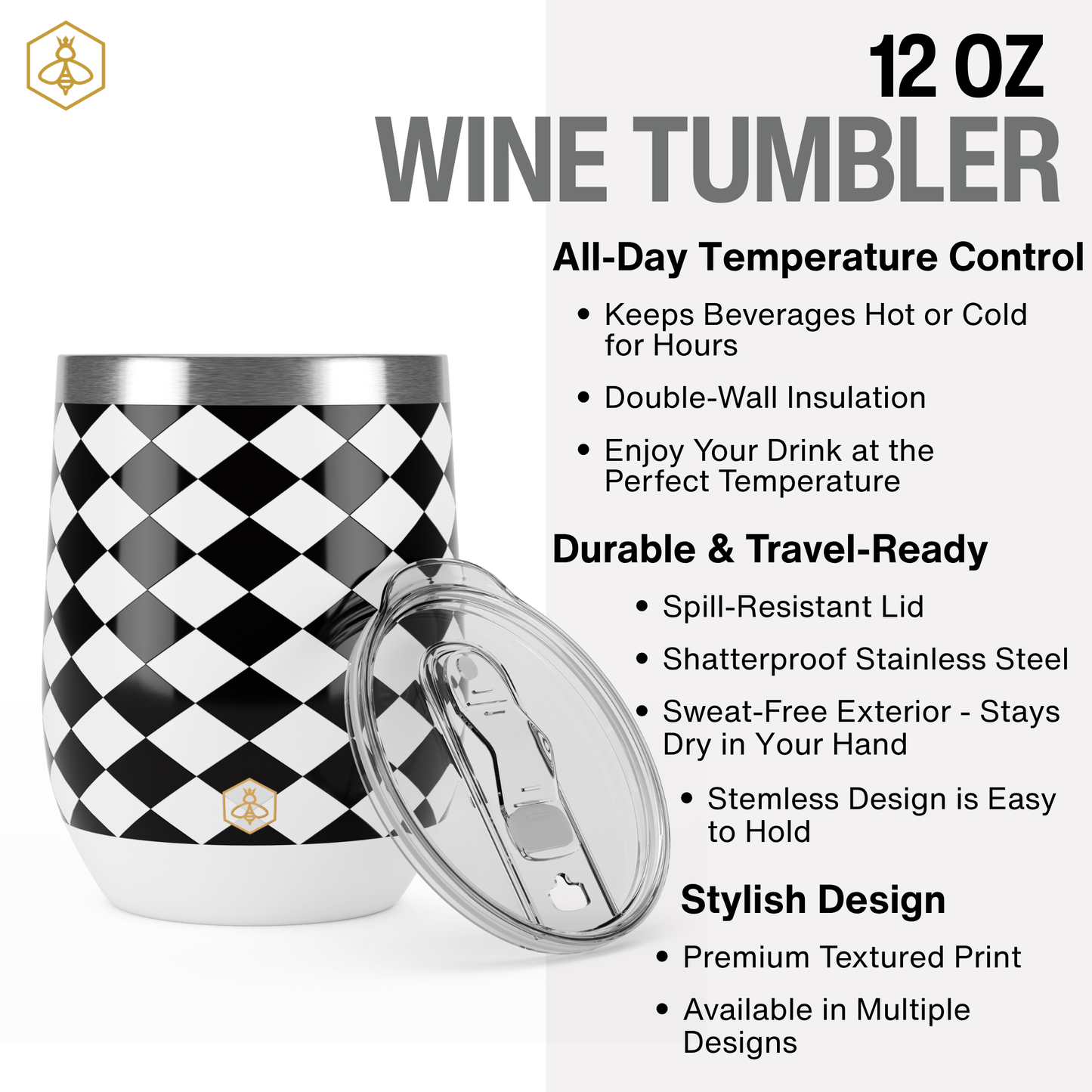 Wine Tumbler - Black & White Diamonds