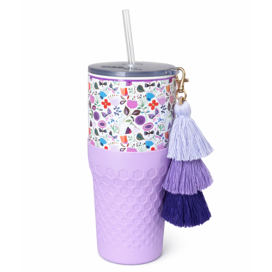 Biddlebee 30oz garden blooms charm tumbler with easy sip straw lid, purple boho ombre tassel charm, and protective silicone boot