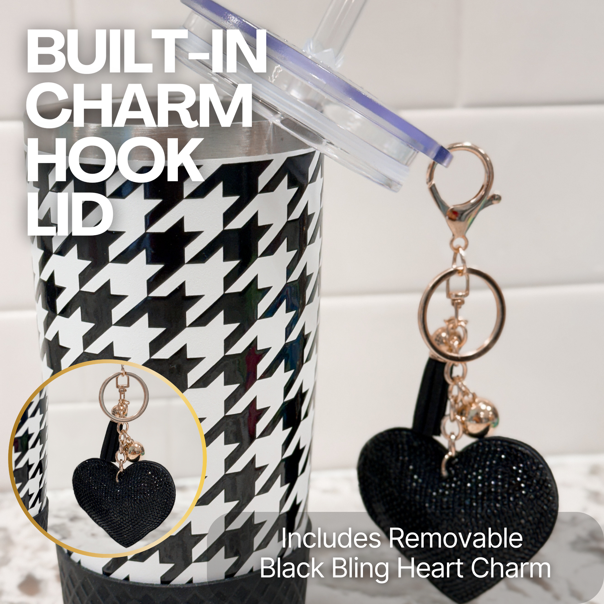 Biddlebee 20oz signature charm tumbler with Black and white pattern with a built-in charm hook lid and removable black bling heart charm.