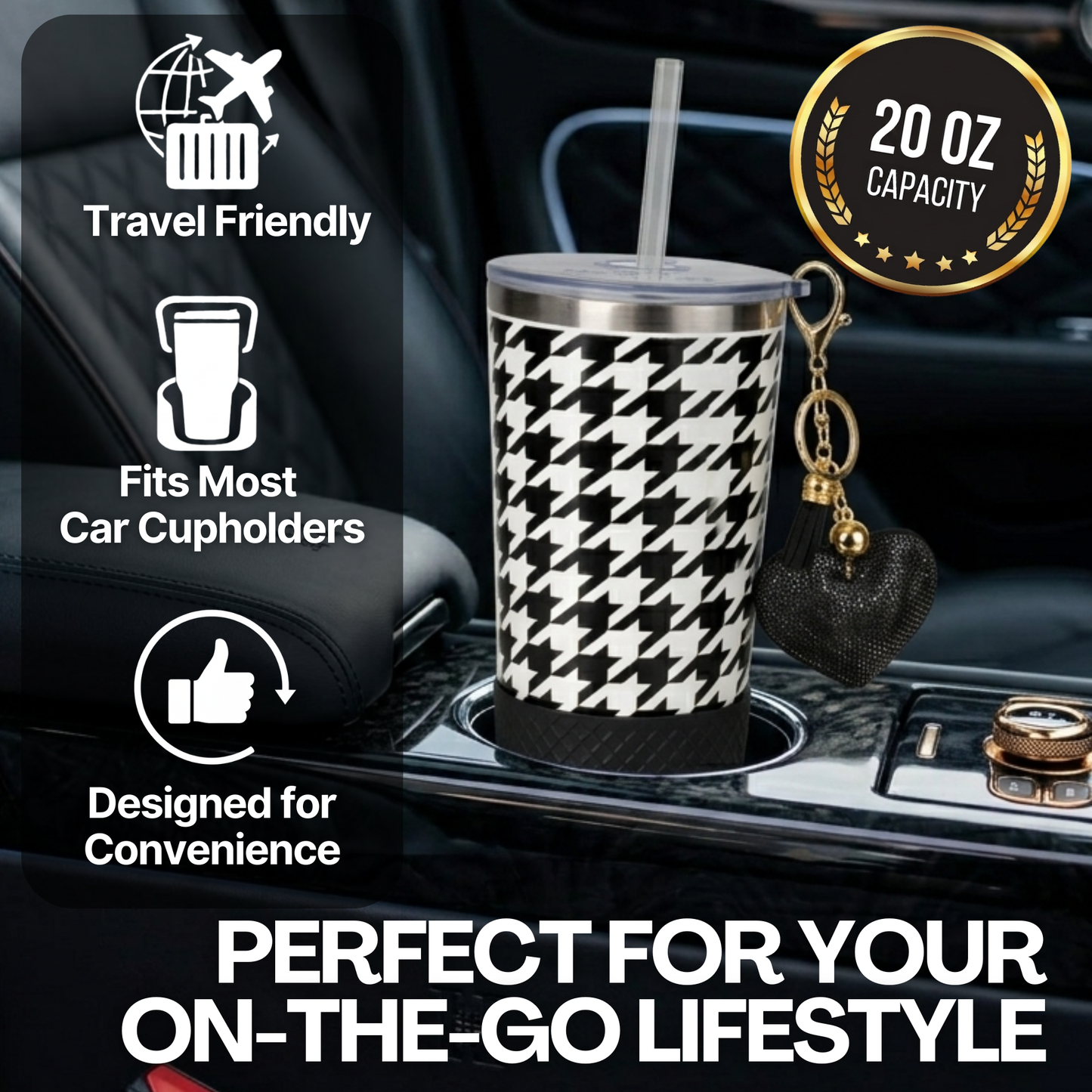 Biddlebee 20oz signature black and white charm tumbler with keychain on car cup holder, travel friendly features displayed.