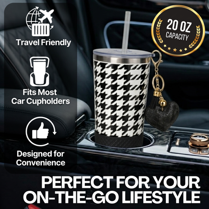 Biddlebee 20oz signature black and white charm tumbler with keychain on car cup holder, travel friendly features displayed.