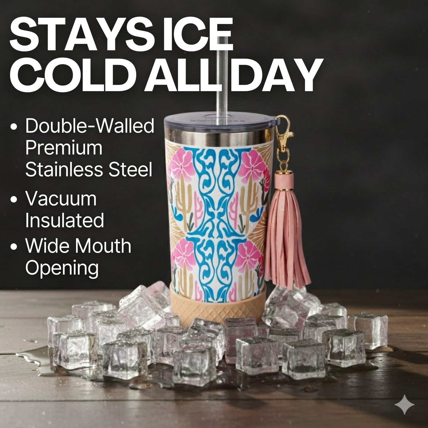 Biddlebee 20oz Stainless steel charm tumbler with floral design on ice cubes against a dark background