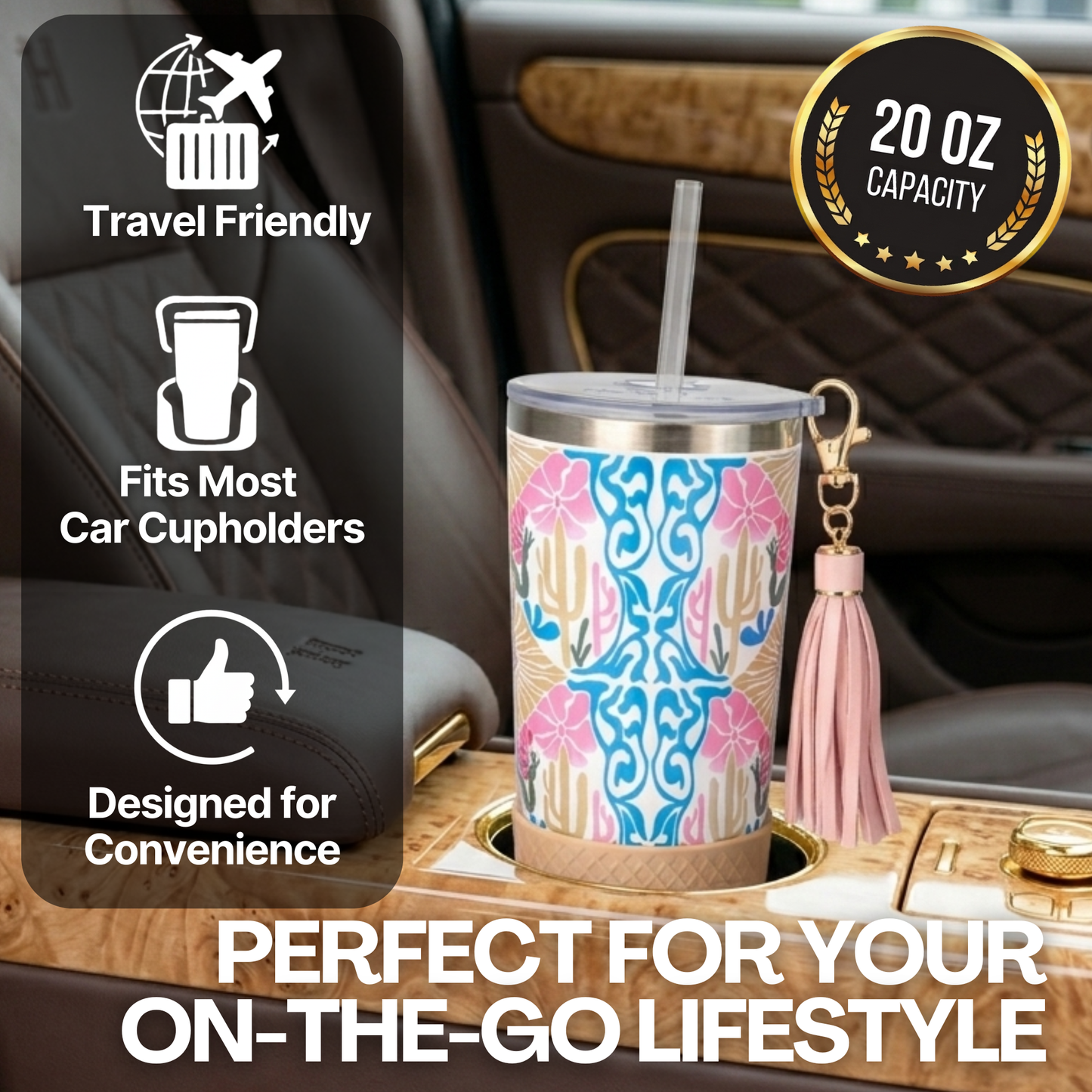 Biddlebee 20oz charm tumbler with pink tassel on car cup holder, travel-friendly features displayed.