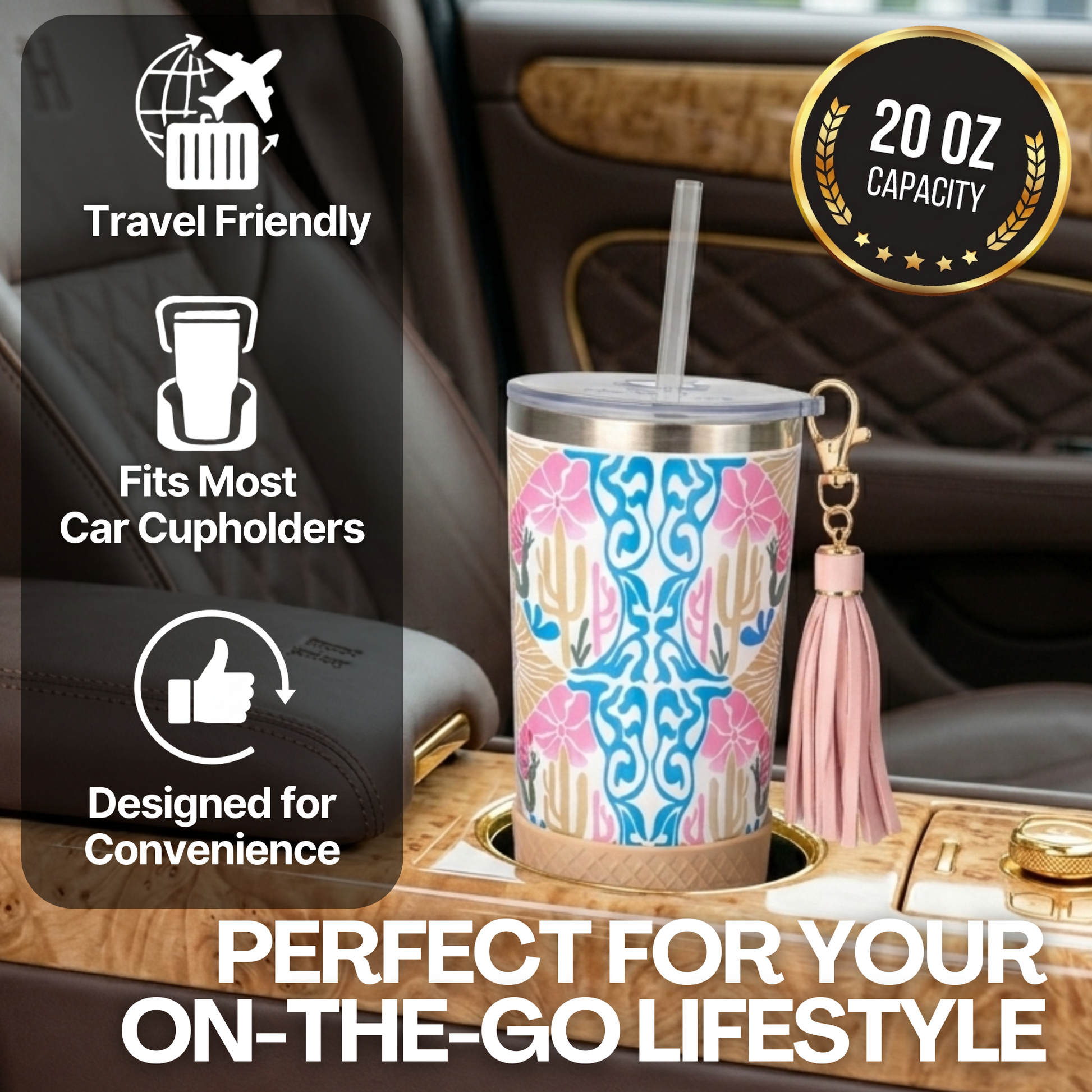Biddlebee 20oz charm tumbler with pink tassel on car cup holder, travel-friendly features displayed.