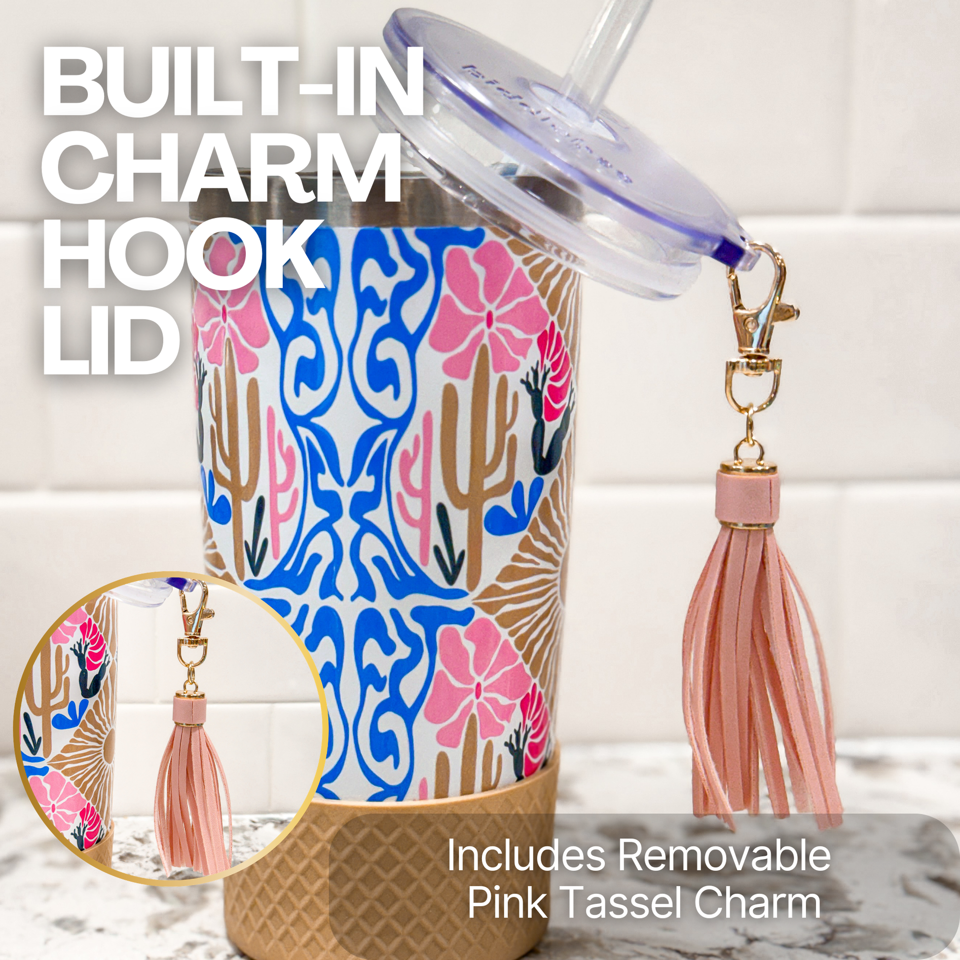 Biddlebee 20oz Colorful Charm tumbler with boho southwestern design and pink tassel charm on a white background