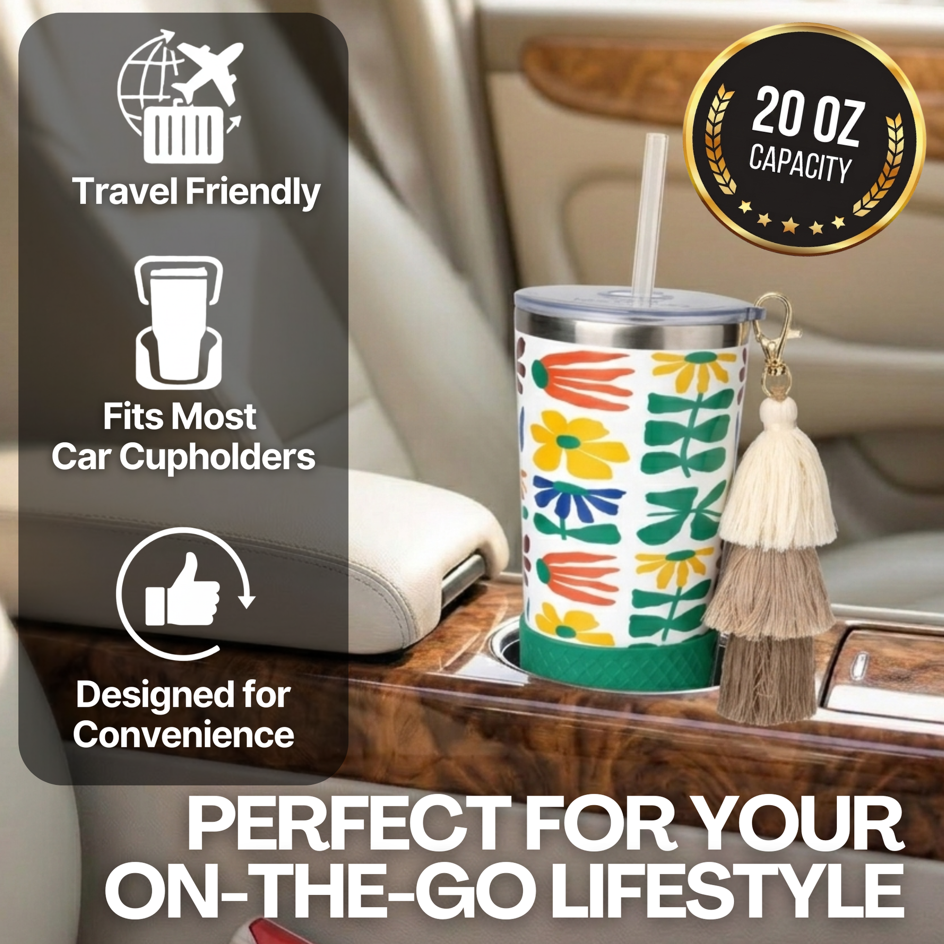 Biddlebee 20oz retro floral charm tumbler with green silicone boot, brown ombre tassel charm and easy sip straw lid in a car cupholder, featuring text about travel friendliness and capacity.