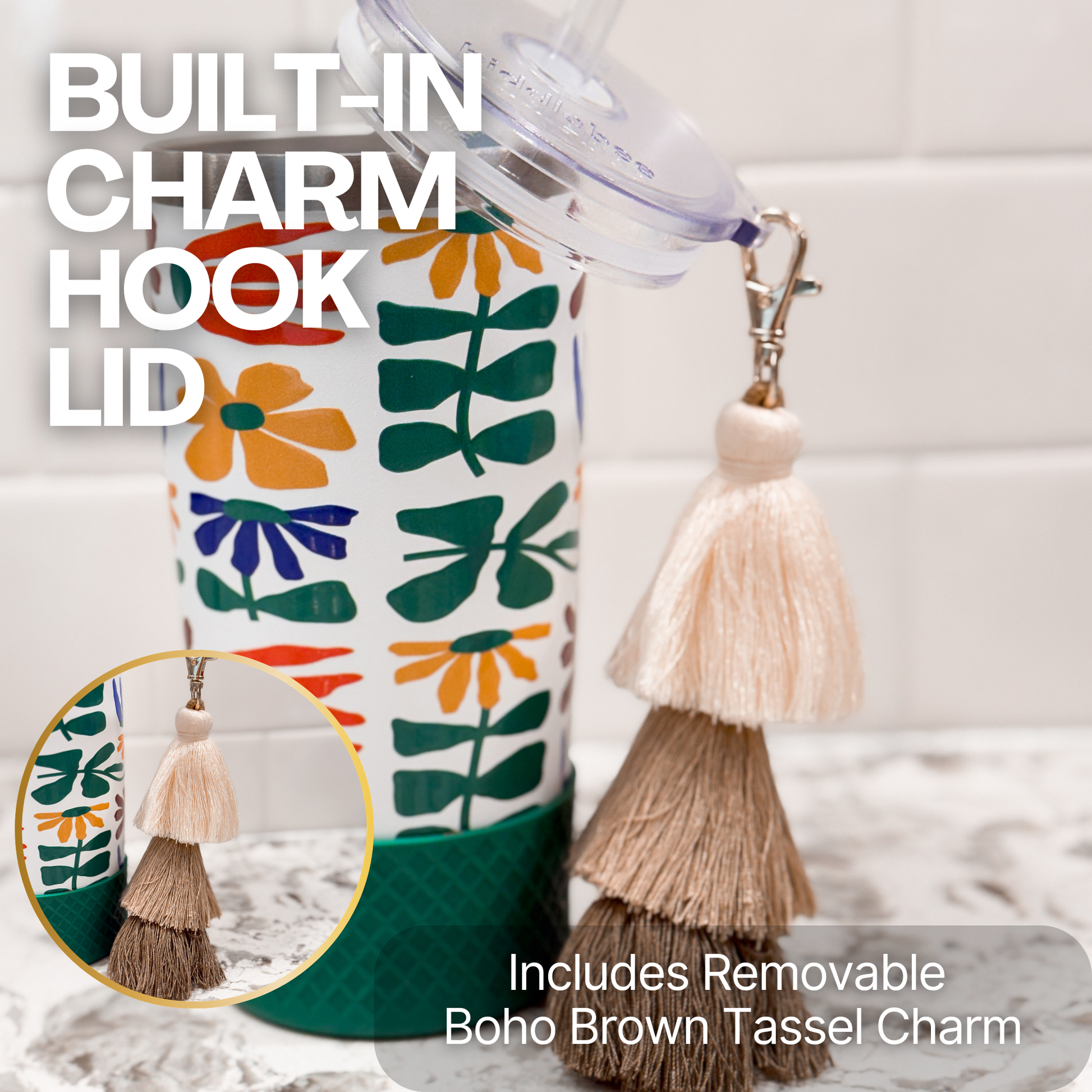 Biddlebee 20oz retro floral charm tumbler with green silicone boot, brown ombre tassel charm and easy sip straw lid
