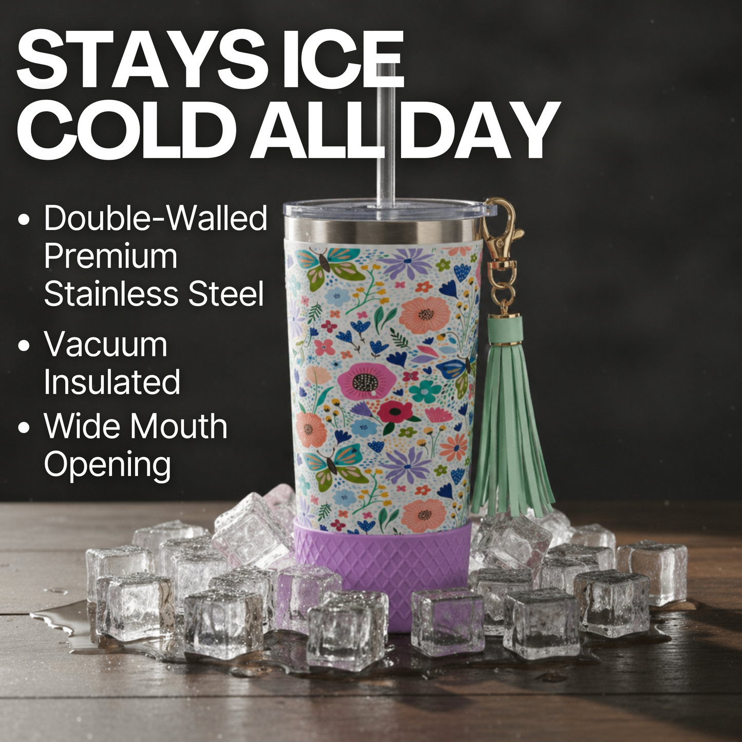 Biddlebee 20oz butterfly and Floral-patterned charm tumbler  with ice cubes and text highlighting features on a dark background