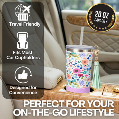 Biddlebee 20oz butterfly and Floral-patterned charm tumbler in a car cupholder with travel-friendly features displayed.