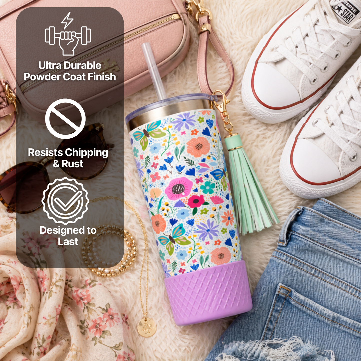 Biddlebee 20oz butterfly and Floral-patterned charm tumbler  with a purple base, surrounded by casual items like shoes and sunglasses, with text highlighting features.