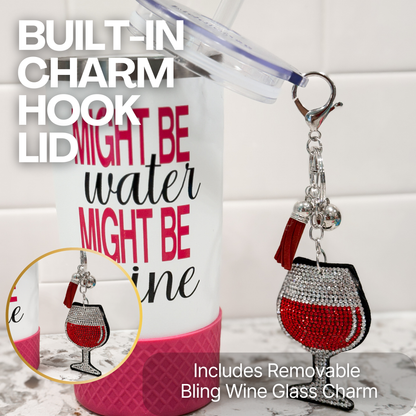 Biddlebee 20oz straw tumbler with design 'Might be water, might be wine' text and a wine glass charm on a white background.