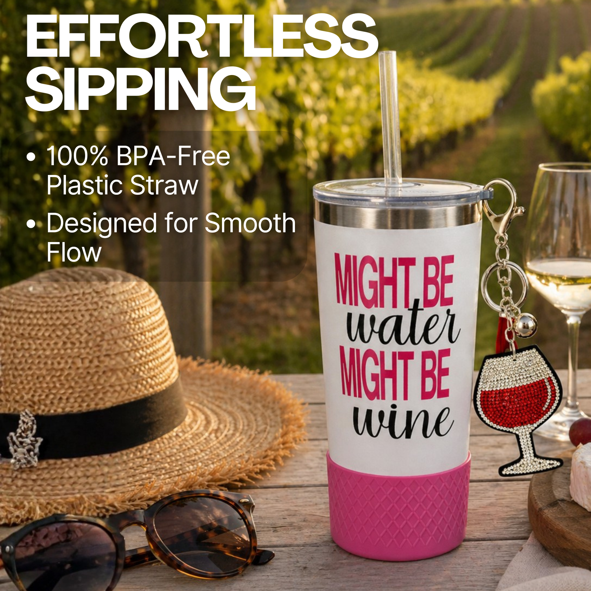 Biddlebee Might be Water Might Be Wine Charm tumbler with wine glass charm  in a vineyard setting.