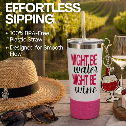 Biddlebee Might be Water Might Be Wine Charm tumbler with wine glass charm  in a vineyard setting.