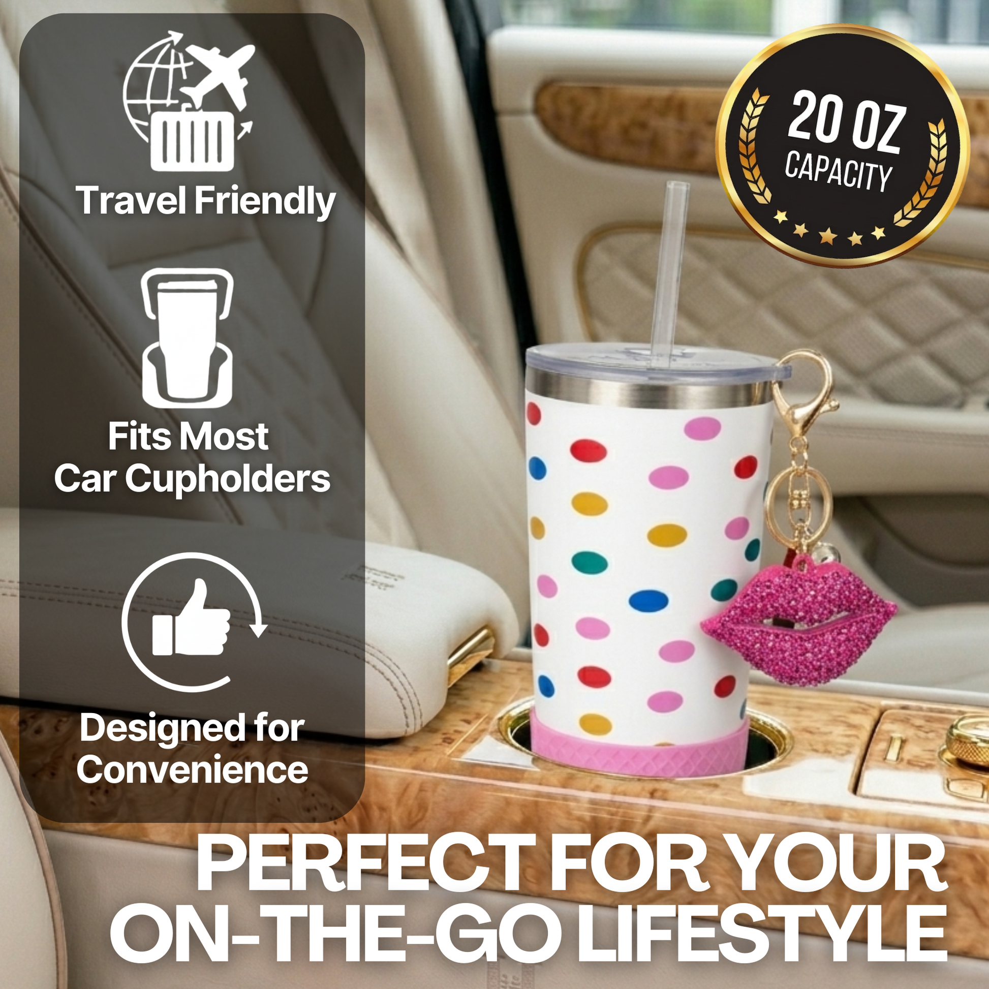 Biddlebee 20oz Polka dot charm tumbler with pink lip keychain in car cupholder, travel friendly features displayed. - fits in cupholders