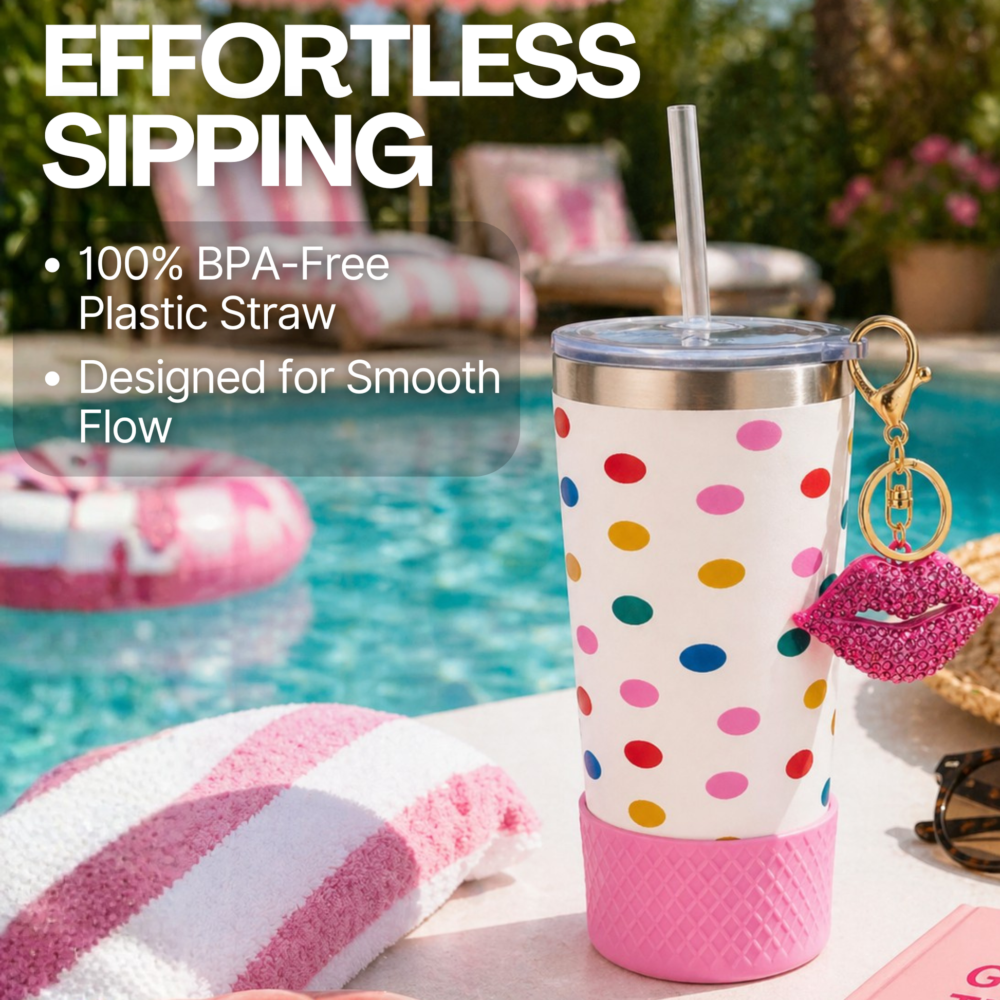 Biddlebee 20oz Polka dot charm tumbler with pink base and easy sip straw by a poolside
