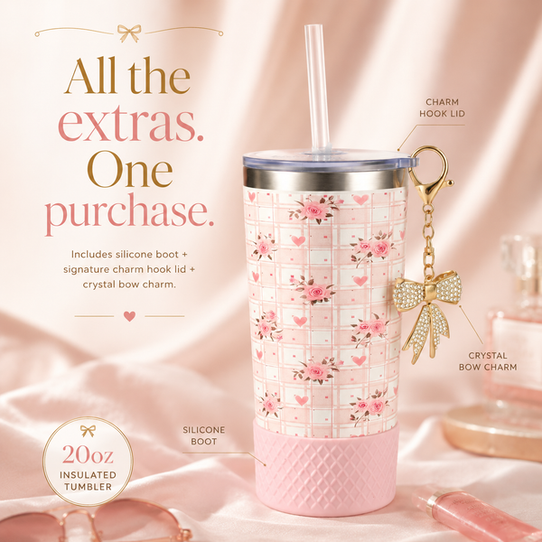 20oz Biddlebee Charm tumbler Pink floral cup with accessories on a soft pink background