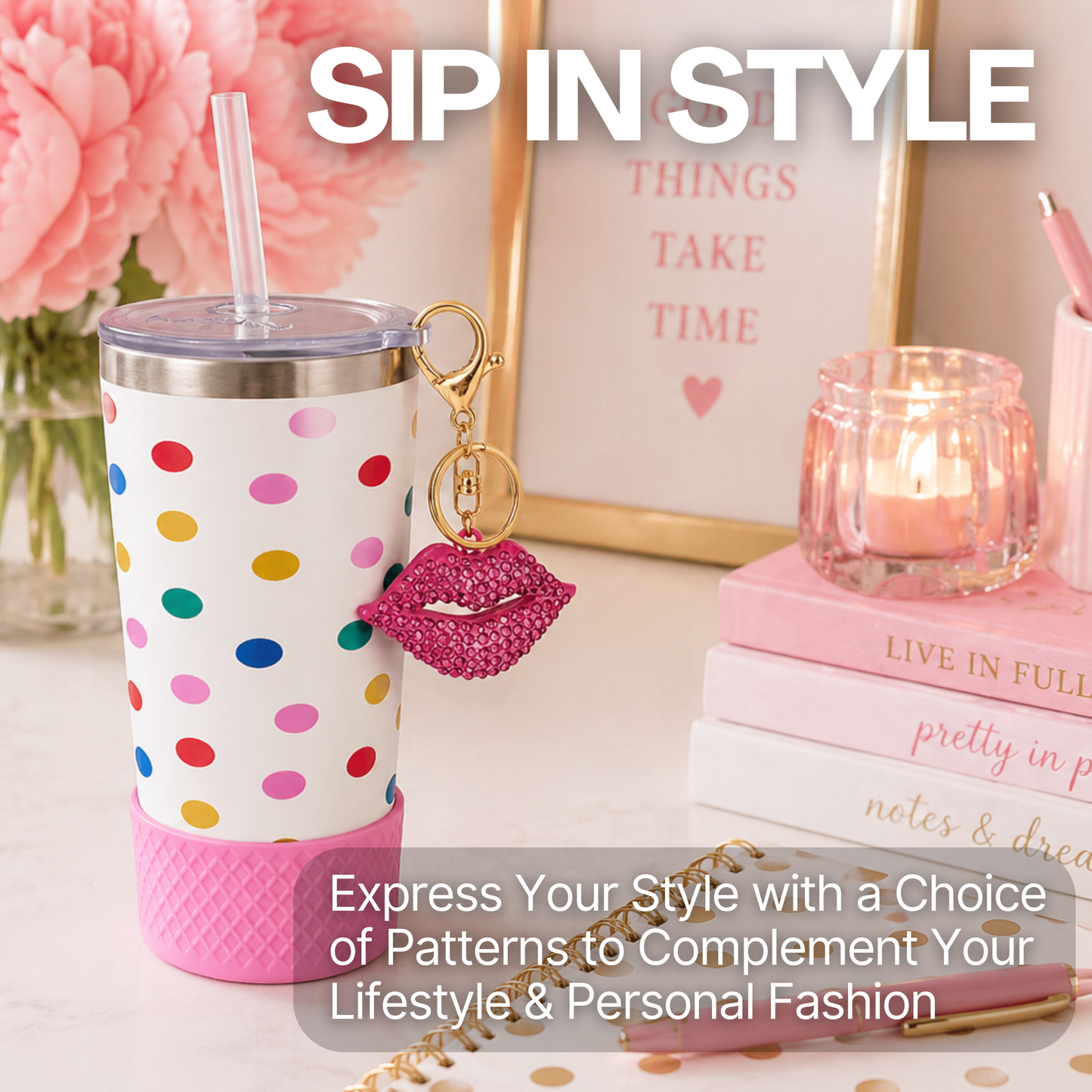 Biddlebee 20oz Polka dot charm tumbler with pink lip keychain on a decorative surface with text 'Sip in Style'.