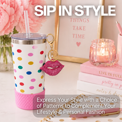 Biddlebee 20oz Polka dot charm tumbler with pink lip keychain on a decorative surface with text 'Sip in Style'.