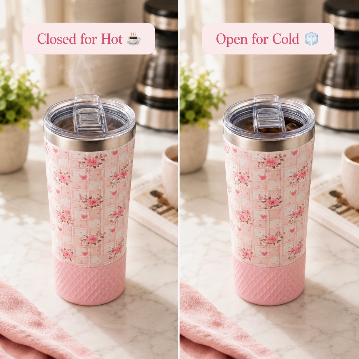 Side-by-side comparison showing the Biddlebee Brew coffee lid closed for hot drinks on the left and open for cold drinks on the right