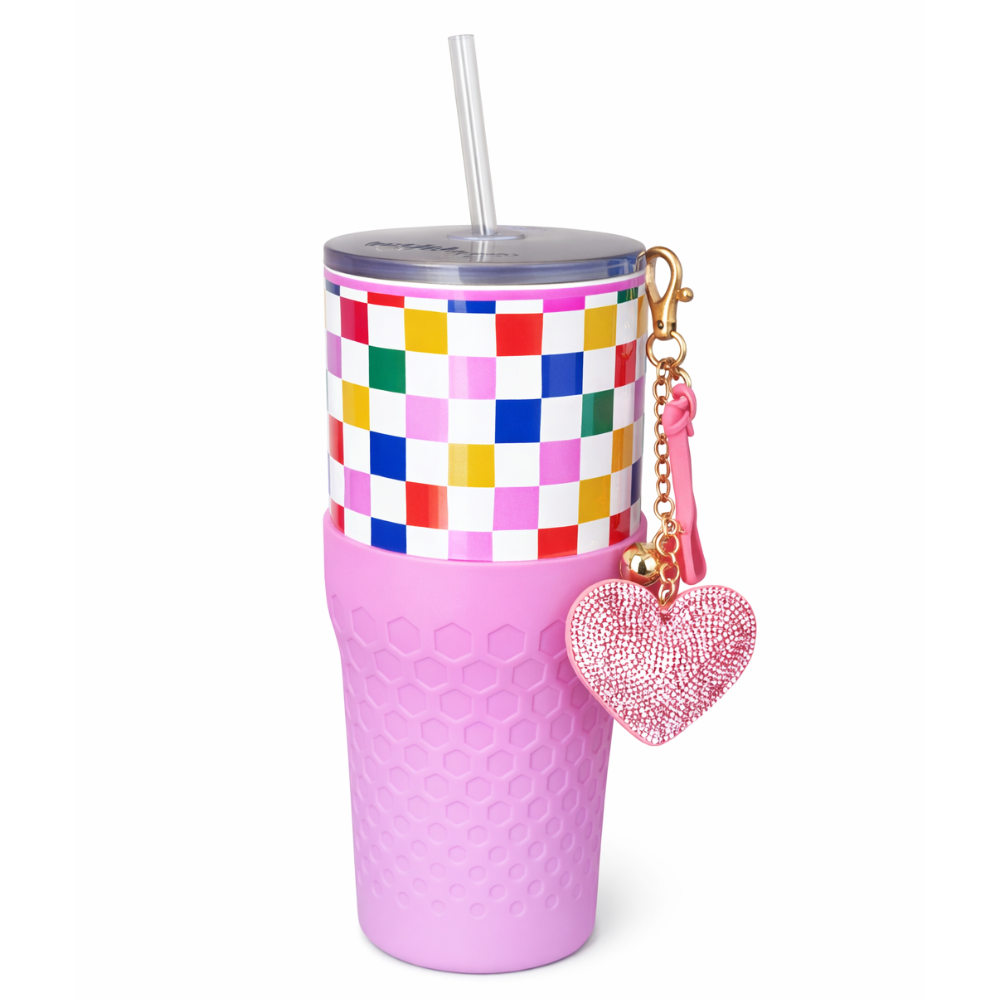 Biddlebee 30oz Happy Check Charm tumbler with easy sip straw, shimmer heart charm and silicone boot