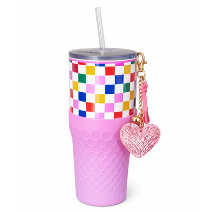 Biddlebee 30oz Happy Check Charm tumbler with easy sip straw, shimmer heart charm and silicone boot