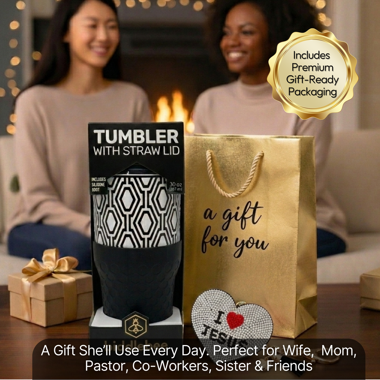 Biddlebee 30oz Faith Straw Tumbler – Black & White Geometric Cup w/ “I ❤️ Jesus” Sparkle Heart Charm & Silicone Boot