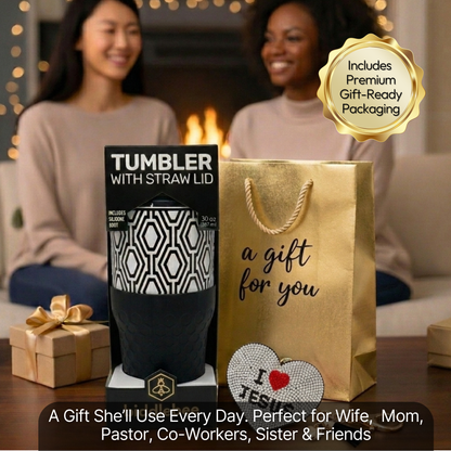 Biddlebee 30oz Faith Straw Tumbler – Black & White Geometric Cup w/ “I ❤️ Jesus” Sparkle Heart Charm & Silicone Boot