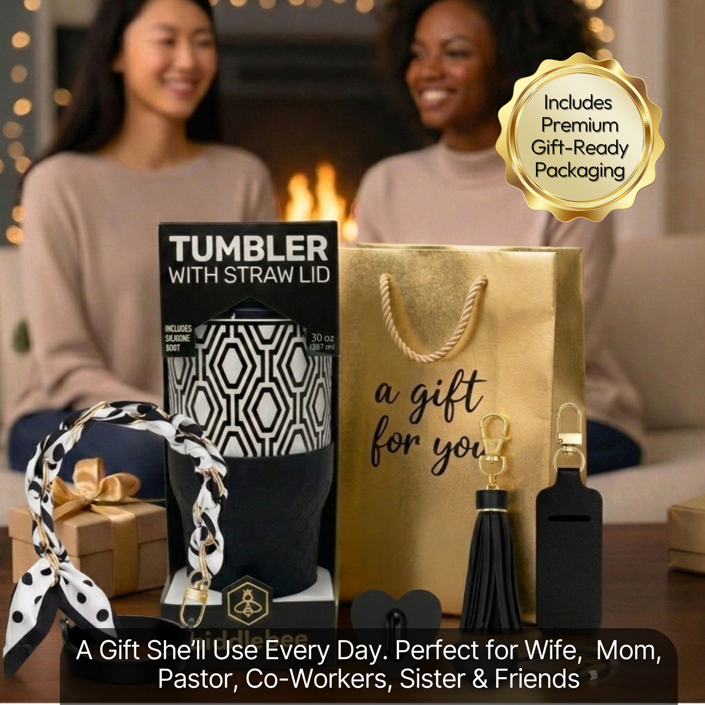 Biddlebee 30oz Black & White Geometric Straw Tumbler – Cup Holder Friendly Luxe Set w/ Chain Handle & Accessories