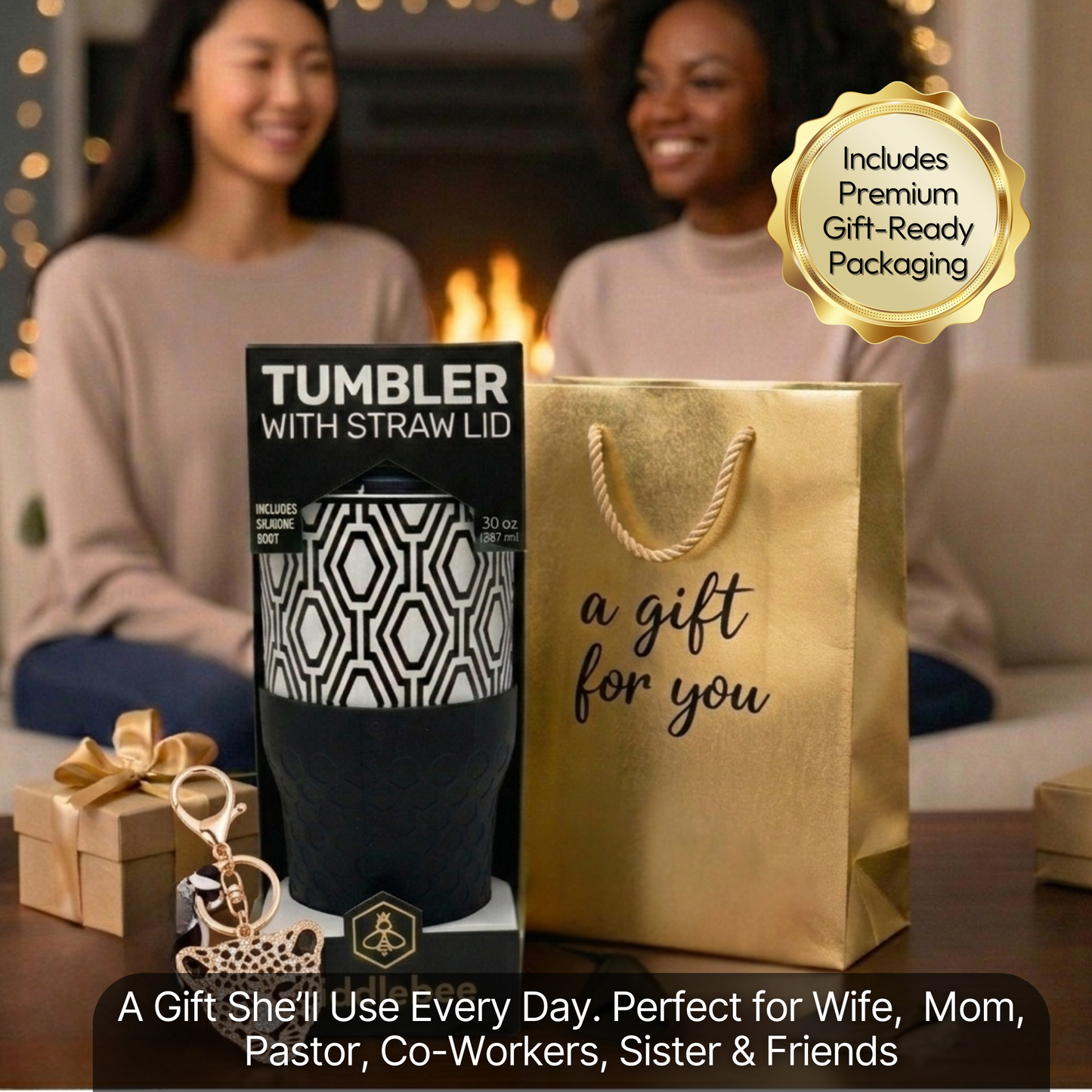 Biddlebee 30oz Black & White Geometric Straw Tumbler – Cup Holder Friendly Luxe Set w/ Leopard Charm & Chain Handle