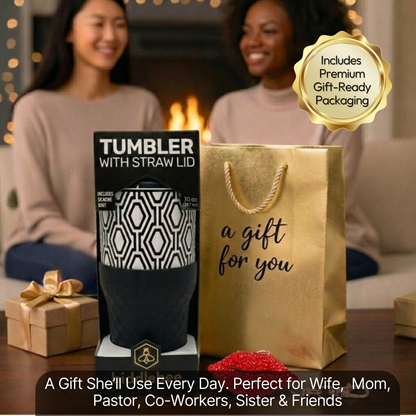 Biddlebee 30oz Black & White Geometric Straw Tumbler – Sparkly Red Lips Charm & Black Silicone Boot | Cup Holder Friendly