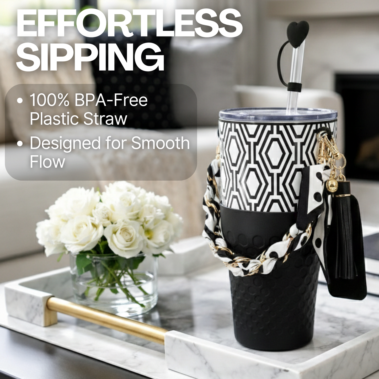 Biddlebee 30oz Black & White Geometric Straw Tumbler – Cup Holder Friendly Luxe Set w/ Chain Handle & Accessories