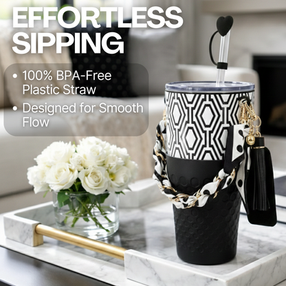 Biddlebee 30oz Black & White Geometric Straw Tumbler – Cup Holder Friendly Luxe Set w/ Chain Handle & Accessories
