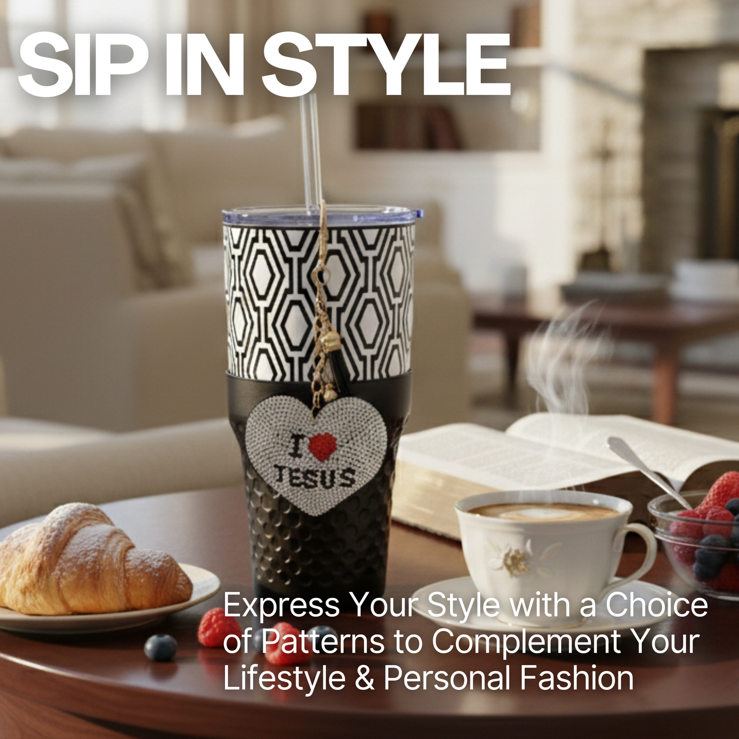 Biddlebee 30oz Faith Straw Tumbler – Black & White Geometric Cup w/ “I ❤️ Jesus” Sparkle Heart Charm & Silicone Boot