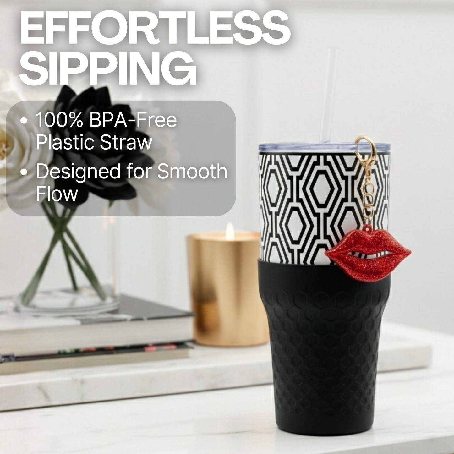 Biddlebee 30oz Black & White Geometric Straw Tumbler – Sparkly Red Lips Charm & Black Silicone Boot | Cup Holder Friendly