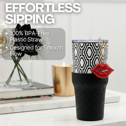 Biddlebee 30oz Black & White Geometric Straw Tumbler – Sparkly Red Lips Charm & Black Silicone Boot | Cup Holder Friendly