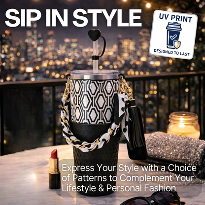 Biddlebee 30oz Black & White Geometric Straw Tumbler – Cup Holder Friendly Luxe Set w/ Chain Handle & Accessories