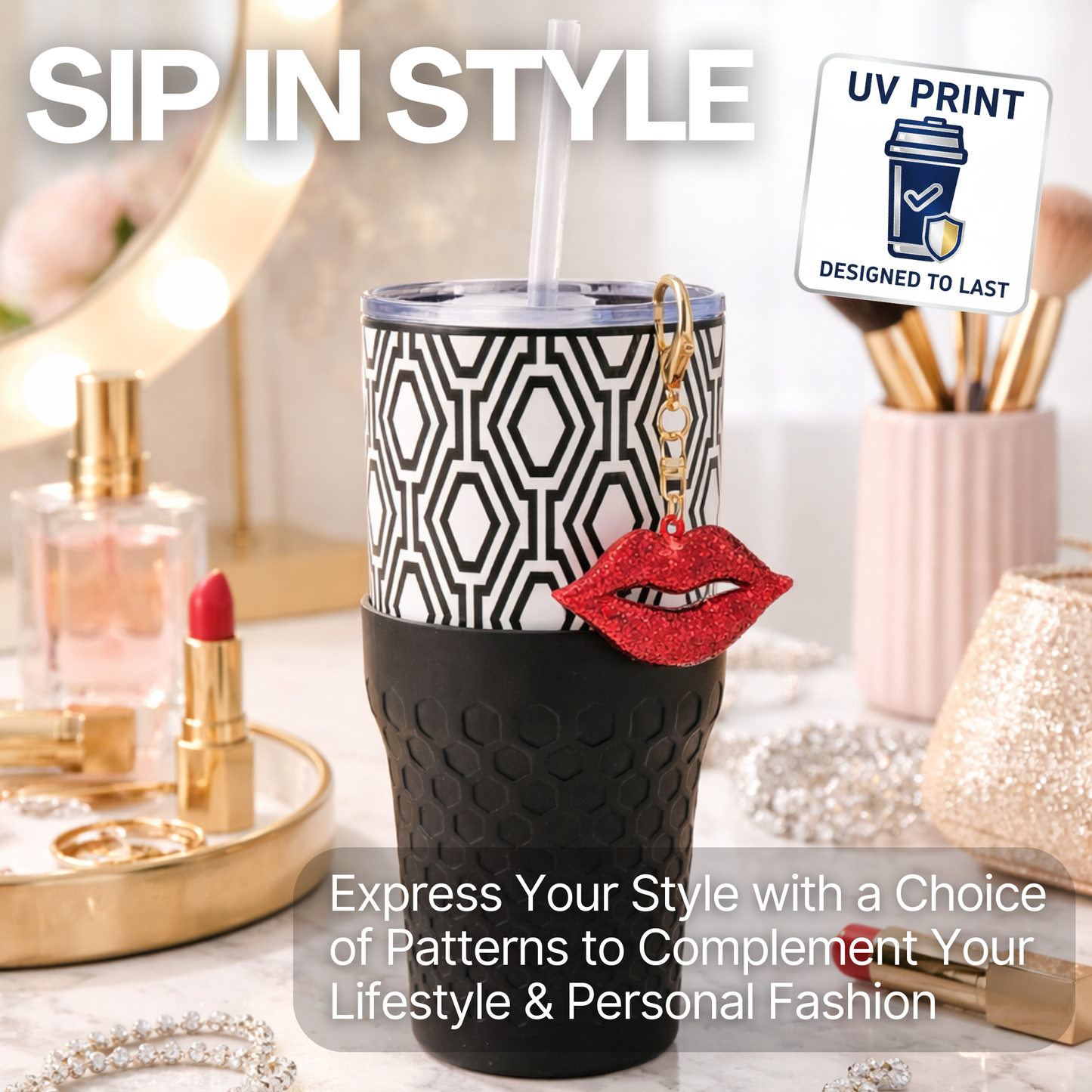 Biddlebee 30oz Black & White Geometric Straw Tumbler – Sparkly Red Lips Charm & Black Silicone Boot | Cup Holder Friendly