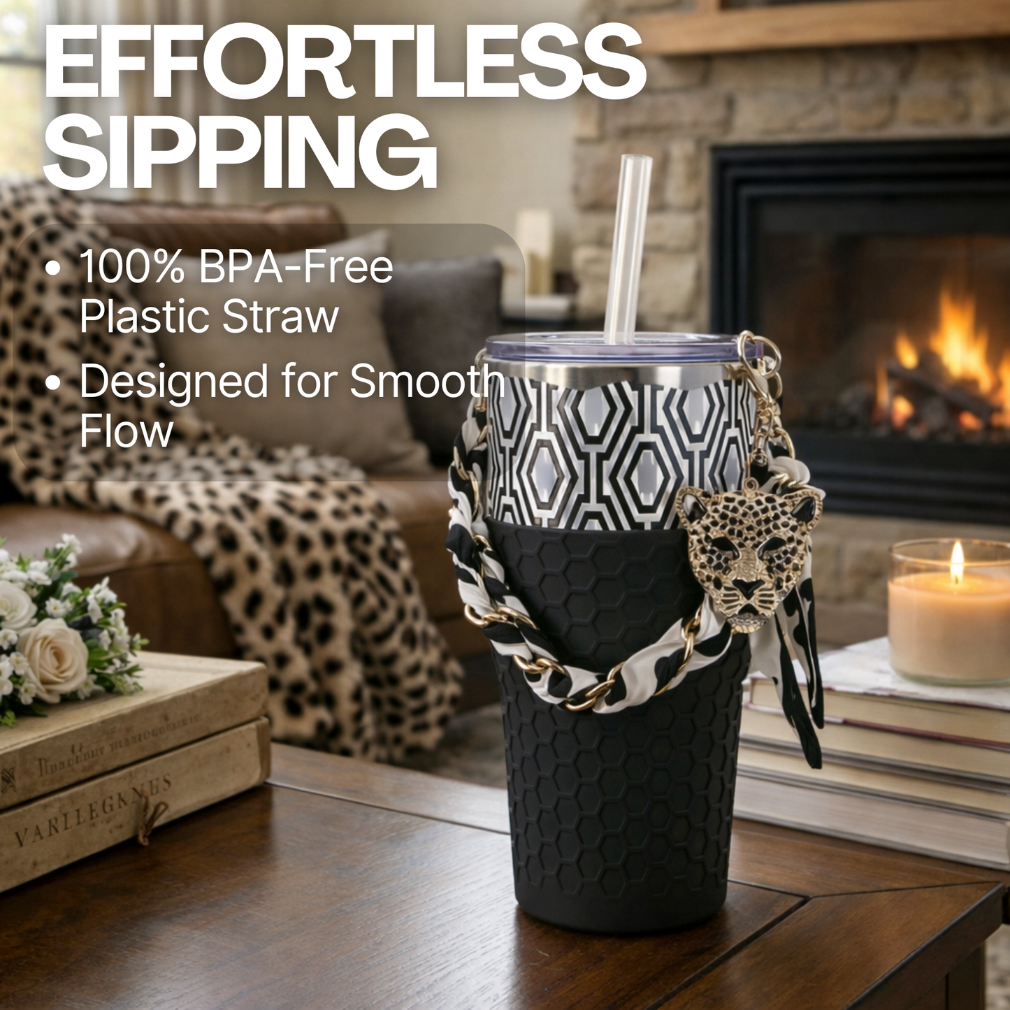 Biddlebee 30oz Black & White Geometric Straw Tumbler – Cup Holder Friendly Luxe Set w/ Leopard Charm & Chain Handle