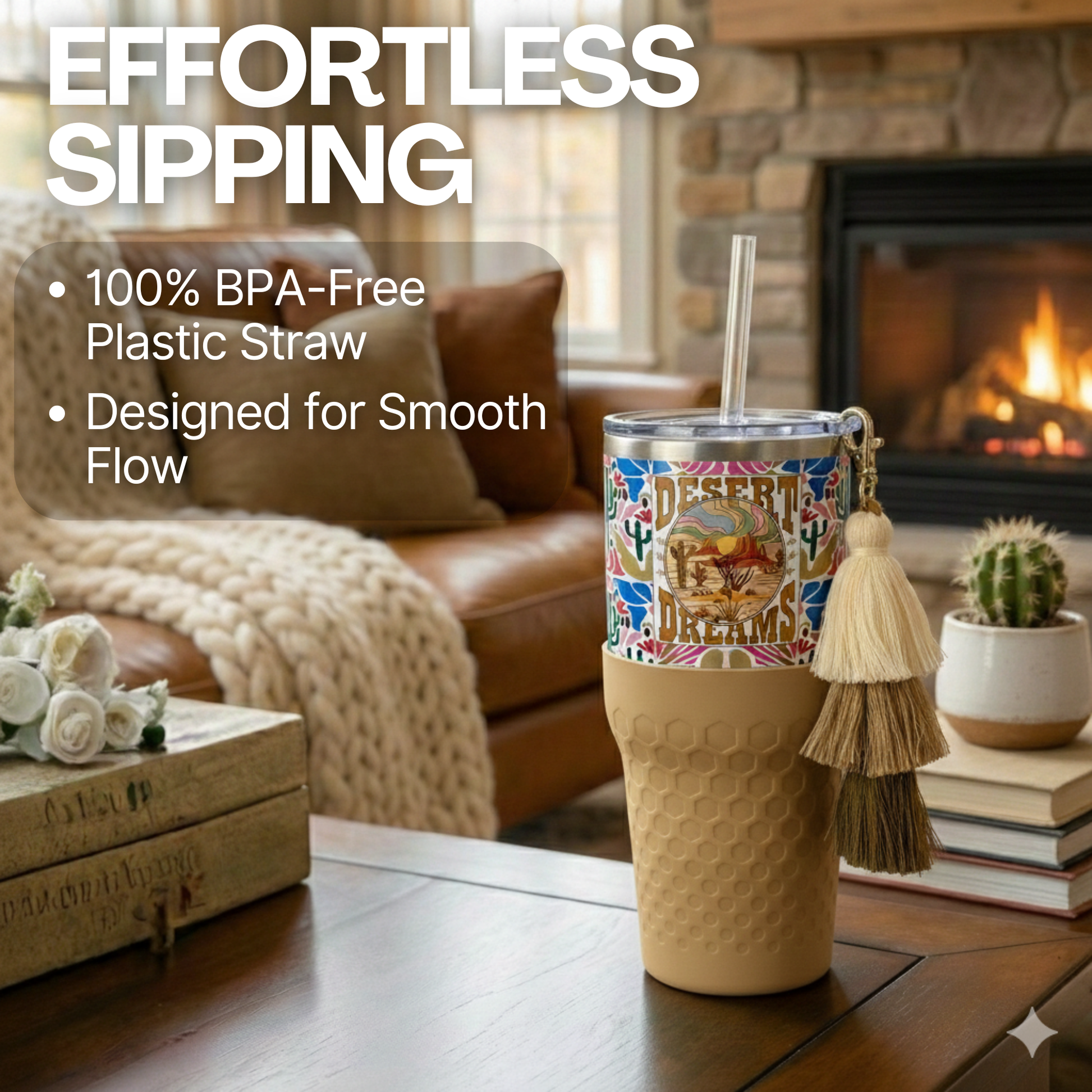 Biddlebee 30oz Desert dreams Charm tumbler with easy sip straw, boho tassel charm, and silicone boot.  Features southwestern boho print pattern.  on a coffee table in a cozy living room setting.