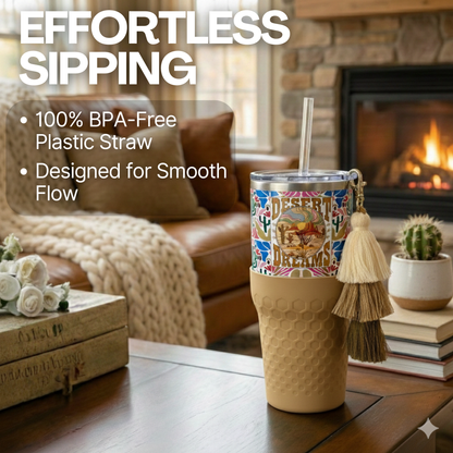Biddlebee 30oz Desert dreams Charm tumbler with easy sip straw, boho tassel charm, and silicone boot.  Features southwestern boho print pattern.  on a coffee table in a cozy living room setting.