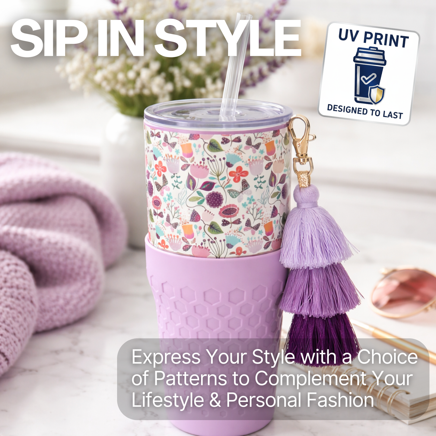 Biddlebee 30oz Floral Garden Straw Tumbler – Purple Boot & Puff Tassel Charm | Cup Holder Friendly