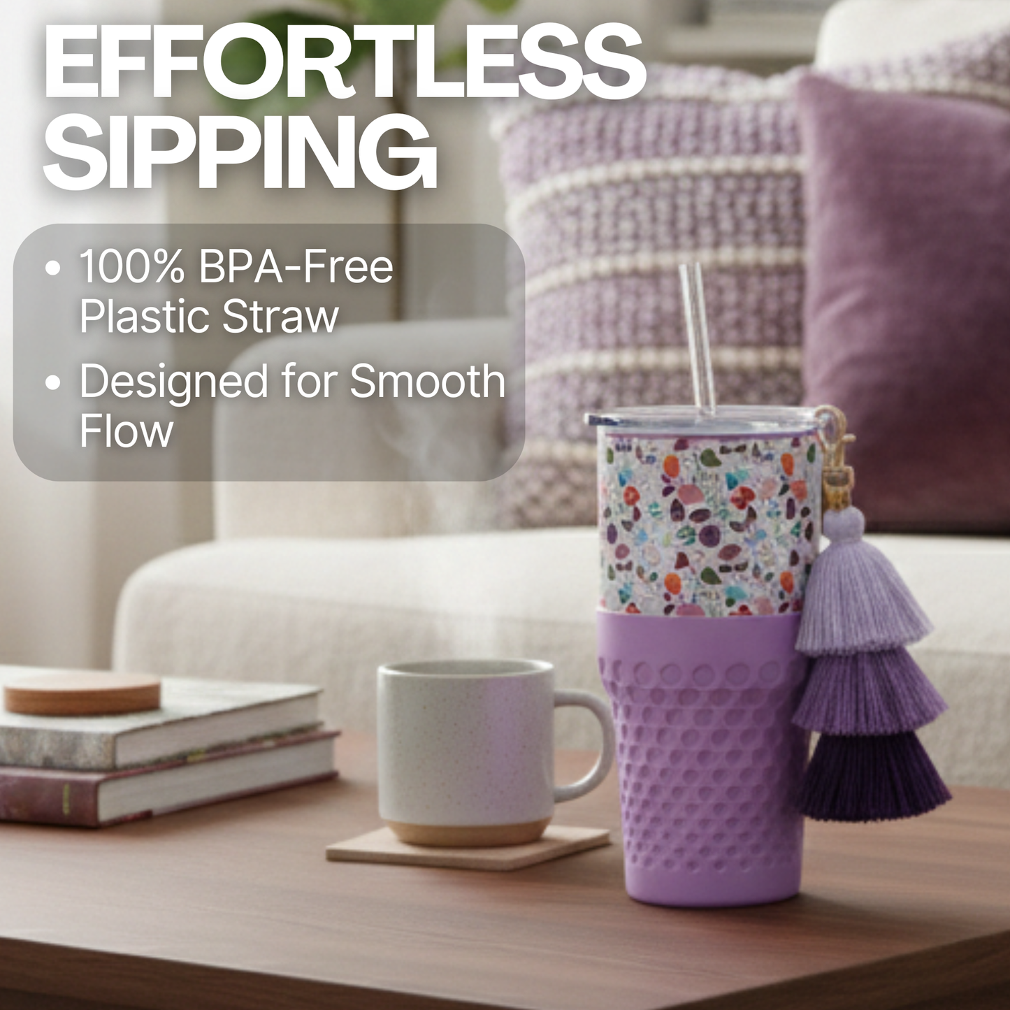 Biddlebee 30oz Floral Garden Straw Tumbler – Purple Boot & Puff Tassel Charm | Cup Holder Friendly