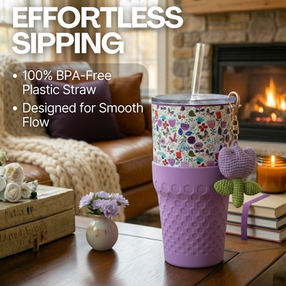 Biddlebee 30oz Floral Garden Straw Tumbler – Cup Holder Friendly w/ Purple Tulip Charm