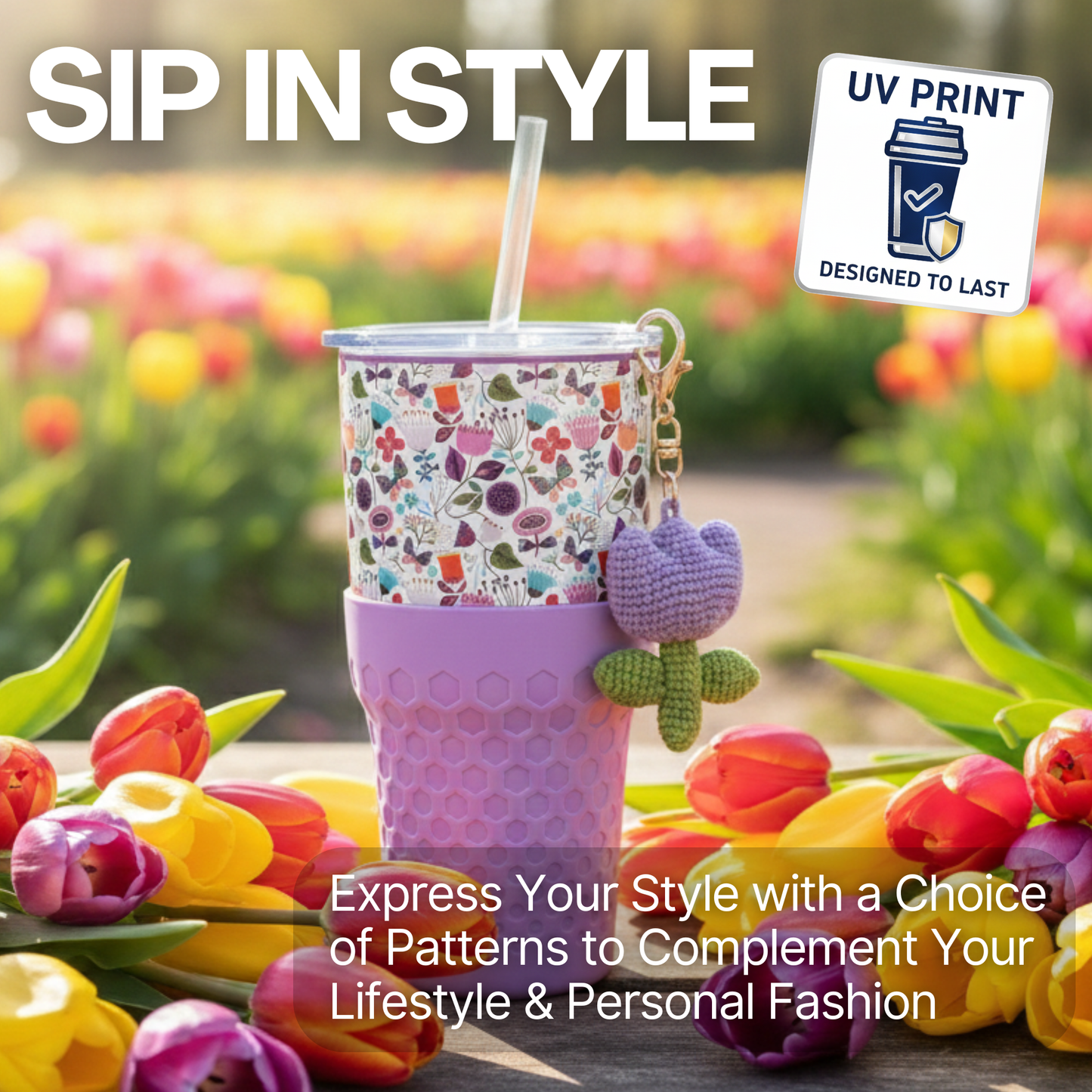 Biddlebee 30oz Floral Garden Straw Tumbler – Cup Holder Friendly w/ Purple Tulip Charm