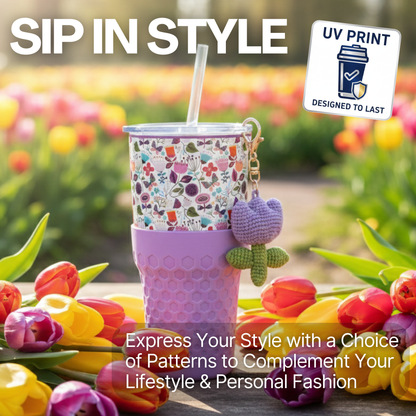 Biddlebee 30oz Floral Garden Straw Tumbler – Cup Holder Friendly w/ Purple Tulip Charm