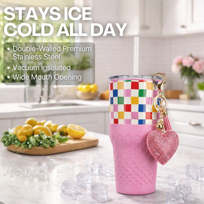 Biddlebee 30oz Happy Check Charm tumbler with easy sip straw, shimmer heart charm and silicone boot on a kitchen counter.